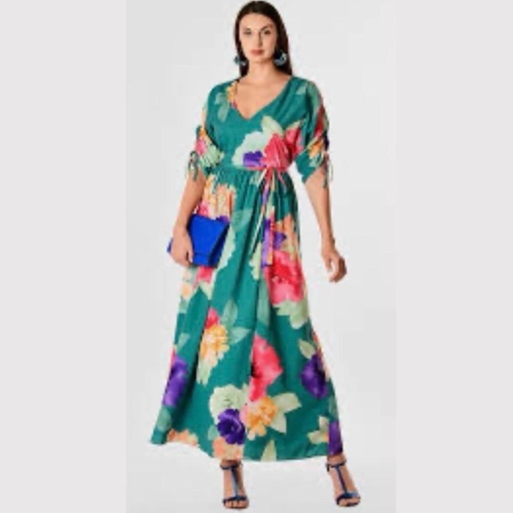 eShakti‎ Wayward Fancies Teal Floral Maxi Dress Medium 10 Crepe Dolman Sleeve